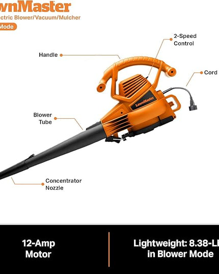 LawnMaster BV1210 Electric Blower Vacuum Mulcher 12 Amp 2-Speed Adjustment with Metal Impeller 240 MPH 380 CFM 16:1 Mulch Ratio - LeafyLoom