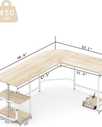 Teraves Reversible L Shaped Desk with Shelves 69“ Corner Computer Desk Gaming Desk Workstation for Home Office - LeafyLoom