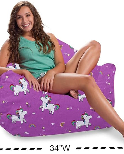 Posh Creations Structured Comfy Bean Bag Chair for Gaming, Reading, and Watching TV, Malibu Lounge, Canvas - Unicorn and Rainbows on Purple - LeafyLoom