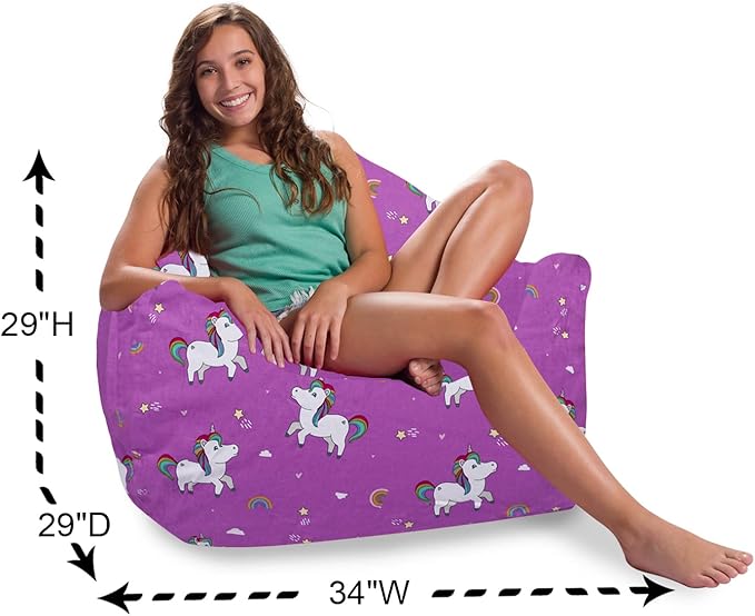 Posh Creations Structured Comfy Bean Bag Chair for Gaming, Reading, and Watching TV, Malibu Lounge, Canvas - Unicorn and Rainbows on Purple - LeafyLoom