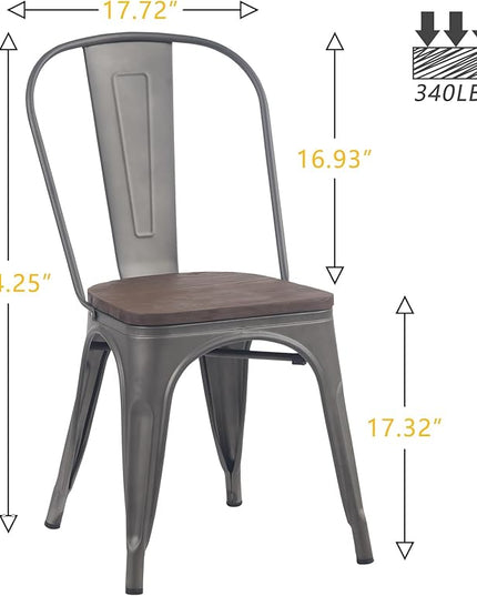 YOUNIKE Metal Dining Chairs Set of 4 Iron Stackable Removable Back Wood Seat Patio Chairs Rubber Feet Stylish Modern Indoor Outdoor Classic Chic Industrial Vintage Bistro Kitchen Rusty Grey - LeafyLoom