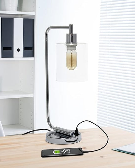 Simple Designs LD1066-CHR Bronson Antique Style Industrial Iron Lantern Desk Bedside Table Lamp with Dual 2 USB Charging Ports and Glass Shade, Chrome - LeafyLoom