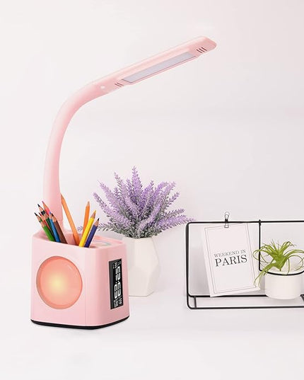 wanjiaone LED Desk Lamp with Clock,Color Changing Nightlight,Study Lamp with Pen Holder,Desk Light with USB Charger,Table Light for Home,Office,Bedroom,Gift for Kids,Students,Women,Pink - LeafyLoom