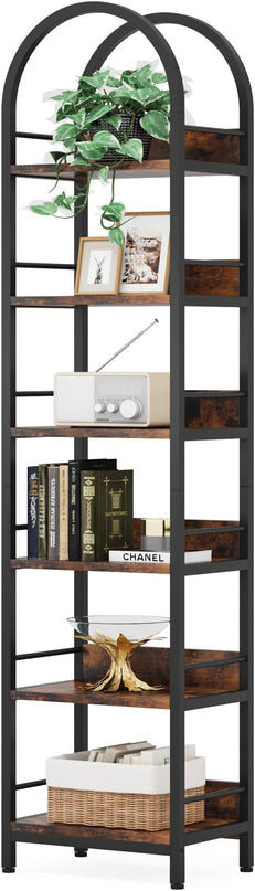 78.7 Inches Tall Arched Bookshelf, 6 Tiers Skinny Open Bookcase with Metal Frame, Freestanding Corner Display Shelves Rack for Living Room, Home Office, Brown - LeafyLoom