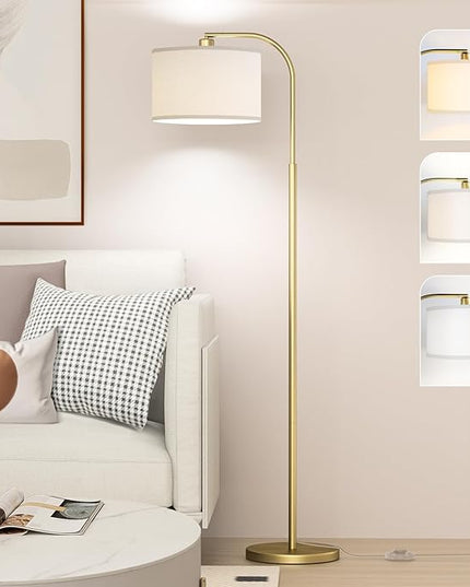 Arc Floor Lamps for Living Room with 3 Color Temperatures, Modern Floor Lamp Reading Light with 9W Bulb Included, Standing Lamp with Adjustable White Hanging ‎Lampshade for Bedroom Office(Gold) - LeafyLoom