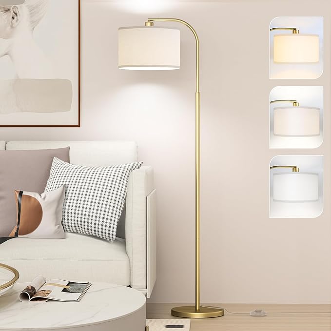 Arc Floor Lamps for Living Room with 3 Color Temperatures, Modern Floor Lamp Reading Light with 9W Bulb Included, Standing Lamp with Adjustable White Hanging ‎Lampshade for Bedroom Office(Gold) - LeafyLoom