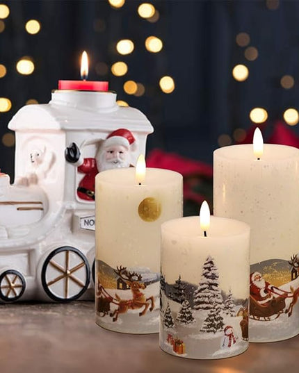 DRomance Christmas White LED Flameless Flickering Candles Battery Operated with 10-Key Remote and Timer Set of 3 Realistic 3D Wick Real Wax Holiday Flameless Pillar Candles, Santa Decal DRomance