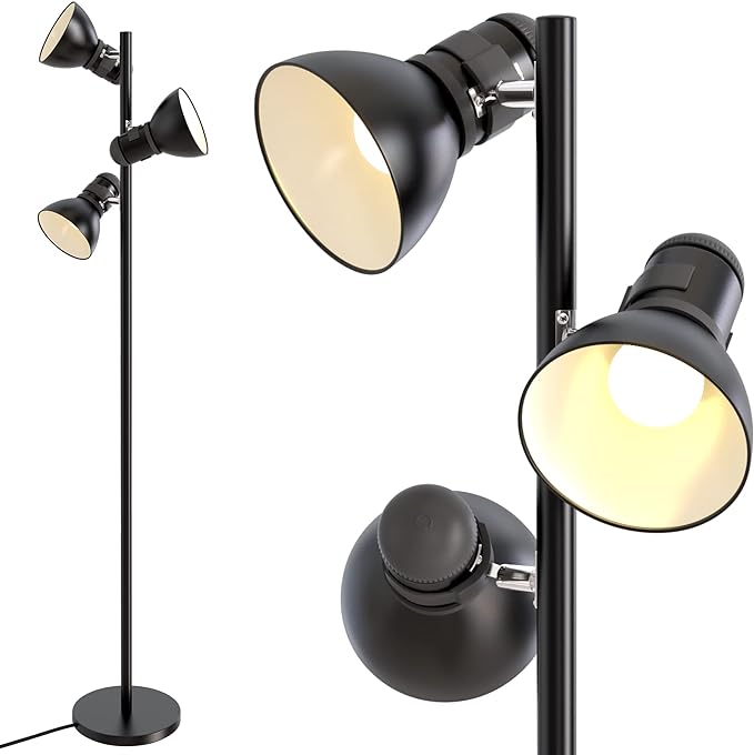 3 Light Floor Lamp Standing Lamp for Living Room, Bedroom, Office - Adjustable Modern Tree Floor Lamps, 60W Bright Spotlight Lighting - Rotating Swivel Corner Light for Reading, Black - LeafyLoom