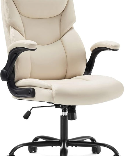 Office Chair - Ergonomic Executive Computer Desk Chairs with Adjustable Flip-up Armrest, Swivel Task Chair with Lumbar Support, Strong Metal Base, PU Leather, White - LeafyLoom
