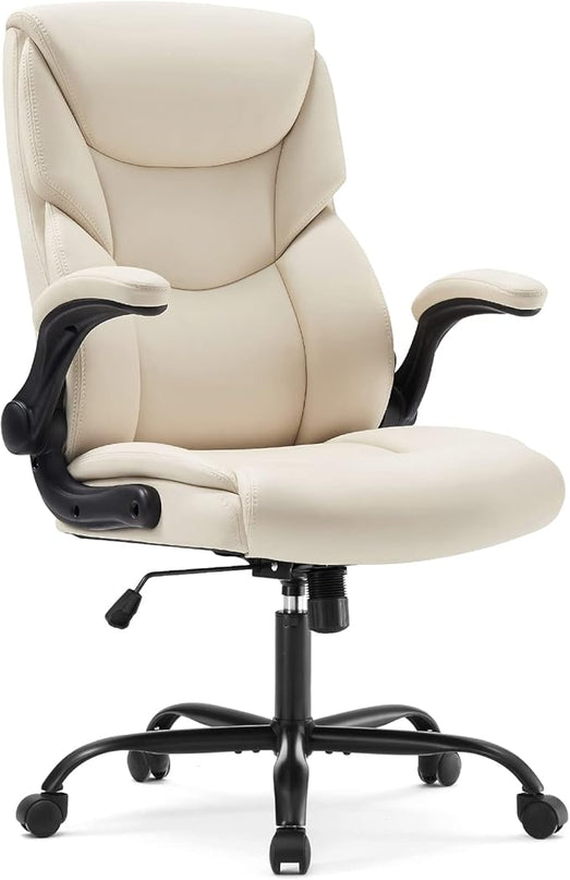 Office Chair - Ergonomic Executive Computer Desk Chairs with Adjustable Flip-up Armrest, Swivel Task Chair with Lumbar Support, Strong Metal Base, PU Leather, White - LeafyLoom