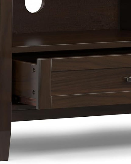 SIMPLIHOME Warm Shaker Solid Wood 72 inch Wide Transitional TV Media Stand in Tobacco Brown for TVs up to 80 inches for The Living Room and Entertainment Center - LeafyLoom