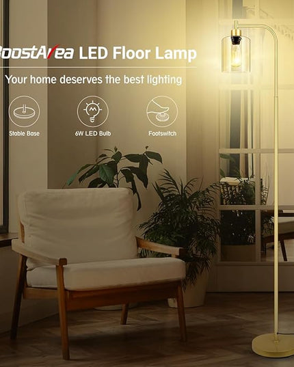 Gold Floor Lamp, Standing Lamp with Glass Lampshade, 6W LED Bulb Included, Modern Floor Lamp with Foot Switch, Industrial Floor Lamp, Bright LED Floor Lamp for Living Room and Bedroom, Office - LeafyLoom