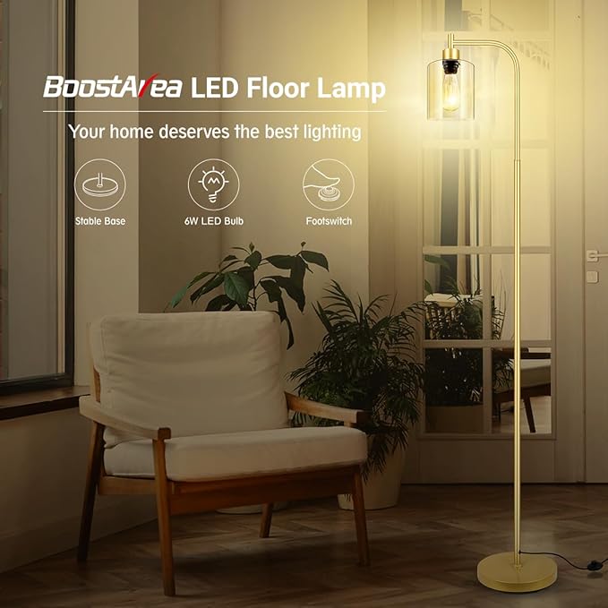 Gold Floor Lamp, Standing Lamp with Glass Lampshade, 6W LED Bulb Included, Modern Floor Lamp with Foot Switch, Industrial Floor Lamp, Bright LED Floor Lamp for Living Room and Bedroom, Office - LeafyLoom