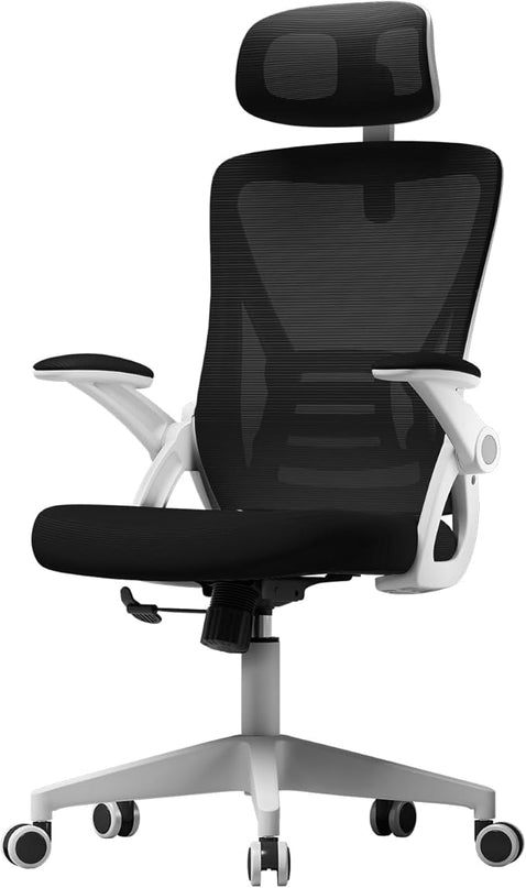 Ergonomic Office Chair, Mid Back Desk Chair with Adjustable Height, Swivel Chair with Flip-Up Arms and Lumbar Support, Breathable Mesh Computer Chair with Headrest (White and Black) - LeafyLoom
