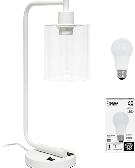 Simple Designs LD1066-WHT-LB Industrial Vintage Bronson Iron Lantern Desk Table Lamp with USB Port and Glass Cylinder Shade for Office, Living Room, Bedroom, White, with Feit LED Bulb Included - LeafyLoom