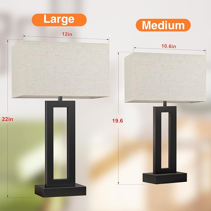 22" Tall Living Room Lamps for Night Stands - Touch Bedside Lamp with USB C+A, 3 Way Dimmable bedroom Lamps for End Tables Set of 2, Modern Night Stand Lamps for Room(Cream&Black) - LeafyLoom