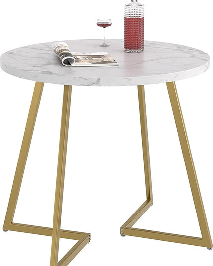 VECELO Round Dining Table with Steel Frame for 2-4 People, Space Saving for Home, Kitchen, Apartment, White & Gold - LeafyLoom