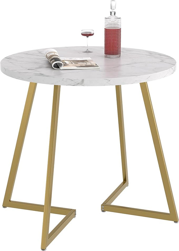 VECELO Round Dining Table with Steel Frame for 2-4 People, Space Saving for Home, Kitchen, Apartment, White & Gold - LeafyLoom