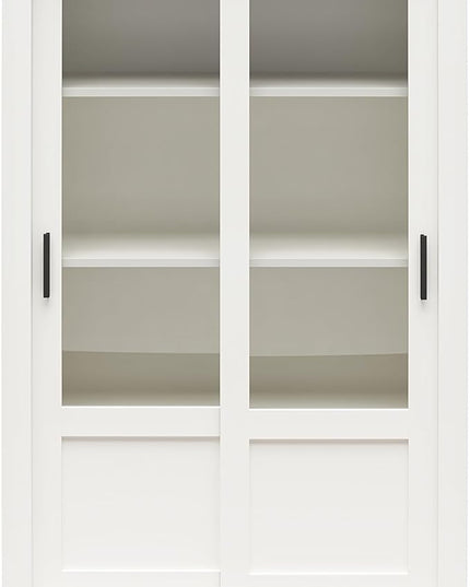 Ameriwood Home Chapel Hill Rustic Farmhouse Bookcase Cabinet with Sliding Glass Doors, White with Brown Oak Top - LeafyLoom