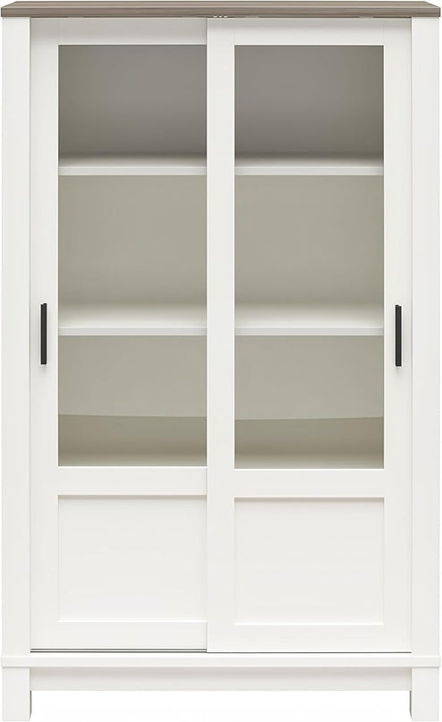 Ameriwood Home Chapel Hill Rustic Farmhouse Bookcase Cabinet with Sliding Glass Doors, White with Brown Oak Top - LeafyLoom