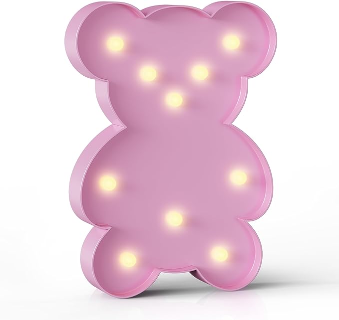 Pink Bear Decor, Battery Powered Bear Night Light for Kids, Pink Party Decorations, Baby Night Light for Bedroom, Toddler Night Lights, Pink kids room decor for Bedroom - LeafyLoom