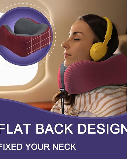 napfun Neck Pillow for Traveling, Upgraded Travel Neck Pillow for Airplane 100% Pure Memory Foam Travel Pillow for Flight Headrest Sleep, Portable Plane Accessories, Wine-Red Set, Medium (120-200LB) - LeafyLoom