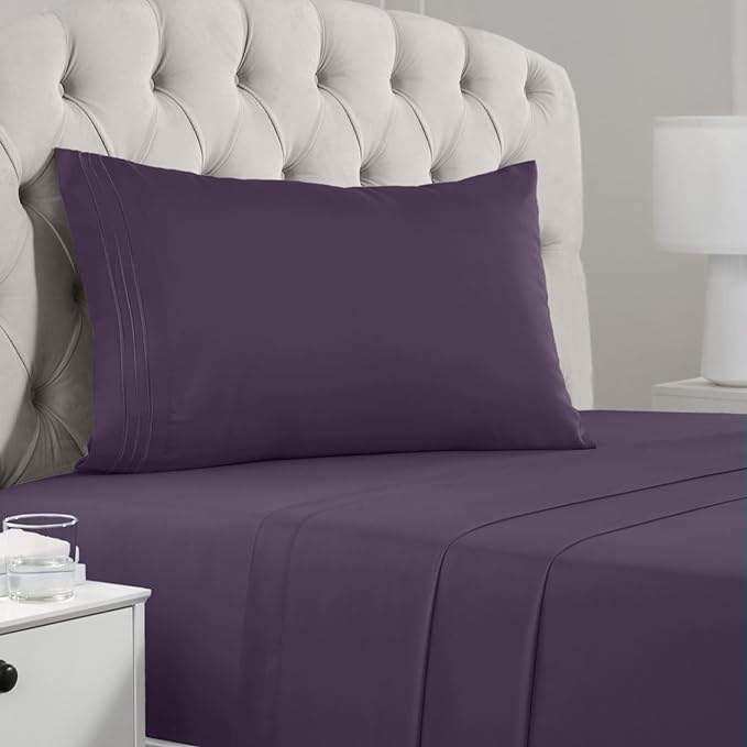 Mellanni Twin Sheets Set - 3 PC Iconic Collection Bedding Sheets & Pillowcases - Hotel Luxury, Extra Soft, Cooling Bed Sheets - Deep Pocket up to 16 inch (Twin, Purple) - LeafyLoom