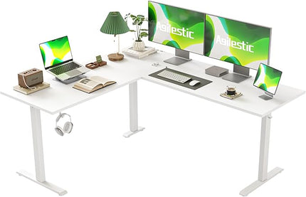 L Shaped Standing Desk Adjustable Height, Electric Corner Standing Desk, 63 x 55 inch Sit Stand Computer Table with Splice Board, White - LeafyLoom