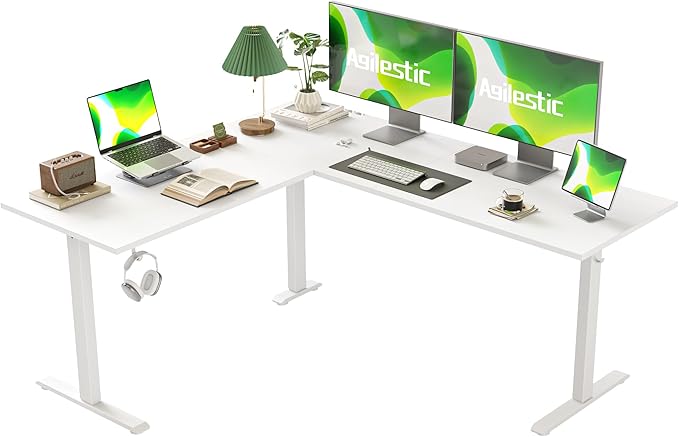 L Shaped Standing Desk Adjustable Height, Electric Corner Standing Desk, 63 x 55 inch Sit Stand Computer Table with Splice Board, White - LeafyLoom