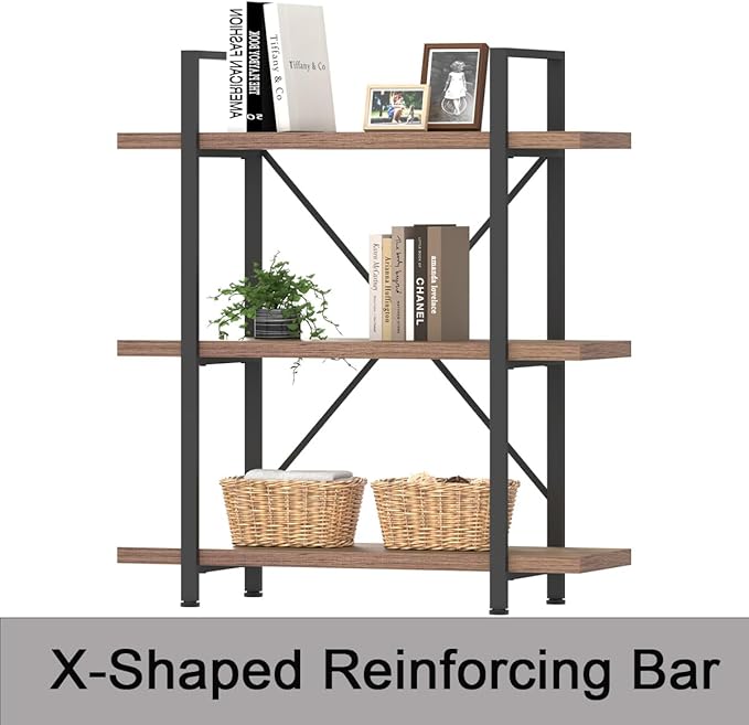 HSH Industrial 3 Tier Book Shelf, Modern Small Wood and Metal 3 Shelf Bookcase Etagere, Farmhouse Open Low 3 Tier Bookshelf and Display Storage Shelves for Bedroom Living Room Office, Rustic Oak - LeafyLoom