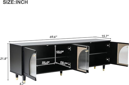 Merax Contemporary TV Stand with Adjustable Shelves, Gold Handles and Arch Fluted Glass Doors for Televisions Up to 78'', Stylish Media Console, Delicate Entertainment Center for Living Room, Black - LeafyLoom