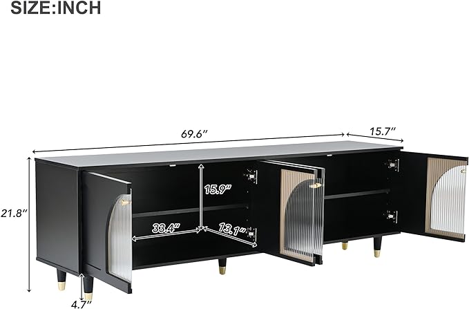 Merax Contemporary TV Stand with Adjustable Shelves, Gold Handles and Arch Fluted Glass Doors for Televisions Up to 78'', Stylish Media Console, Delicate Entertainment Center for Living Room, Black - LeafyLoom