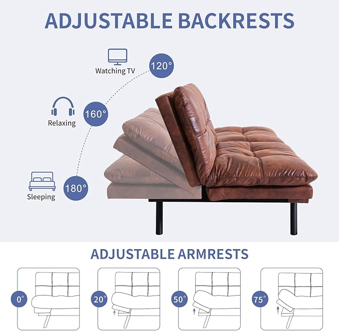MUUEGM Futon Sofa Bed,Convertible Adjustable Backrest Armrests Memory Foam Couch Bed, Modern Faux Leather Futon Sleeper Couch Loveseat for Living Room,office,Apartment,Small Space,Brown - LeafyLoom