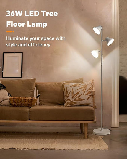 LED Tree Floor Lamp Silver, 36W Super Bright Standing Lamp with Remote Control, 4 Color Temperatures, 3 Rotatable LED Lights, Dimmable Floor Lamps for Living Room, Bedroom, Office - LeafyLoom