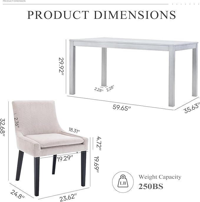 COLAMY 5-Piece Dining Table Set for 4, 60" Kitchen Wood Table with 4 Corduroy Dining Room Chairs, White/Beige - LeafyLoom