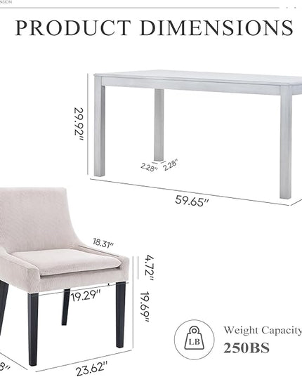 COLAMY 7-Piece Dining Table Set for 6, 60" Kitchen Wood Table with 6 Corduroy Dining Room Chairs, White/Beige - LeafyLoom