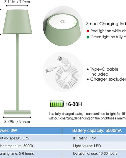 2-Pack LED Cordless Table Lamp, Rechargeable Battery Desk lamp 3W 5500mAh Battery Operated Stepless Dimming Modern Portable Table Light for Restaurant/Bedroom/Outdoor IP54 Waterproof (Green) - LeafyLoom