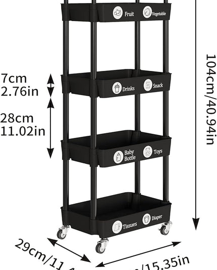 4-Tier Storage Cart,Multifunction Utility Rolling Cart Kitchen Storage Organizer,Mobile Shelving Unit Cart with Lockable Wheels for Bathroom,Laundry,Living Room,With Classified Stickers,Black - LeafyLoom