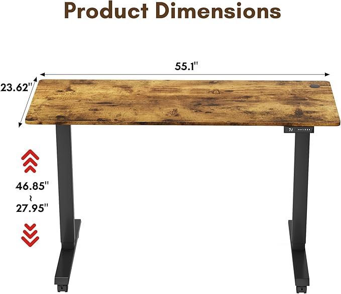 Electric Standing Desk 55 Inch, Ergonomic Height Adjustable Table with T-Shaped Metal Bracket Modern Computer Workstations for Home Office, 55 x 24 Inch, Rustic Brown - LeafyLoom