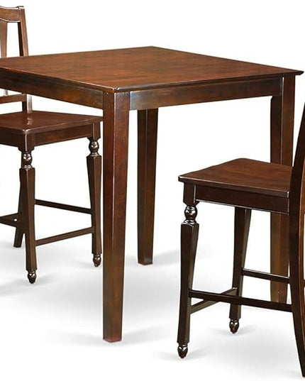 East West Furniture Vernon 3 Piece Counter Height Pub Set for Small Spaces Contains a Square Dining Room Table and 2 Kitchen Chairs, 36x36 Inch, Mahogany - LeafyLoom