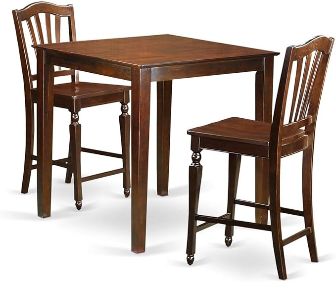 East West Furniture Vernon 3 Piece Counter Height Pub Set for Small Spaces Contains a Square Dining Room Table and 2 Kitchen Chairs, 36x36 Inch, Mahogany - LeafyLoom