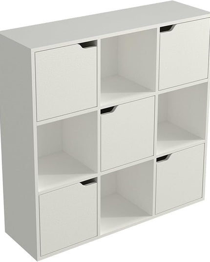 9-Cube Storage Shelf Bookcase - Wooden 3-Tier Floor Standing Open Bookshelf with Doors for Home and Office, Display Cabinet, Warm White - LeafyLoom