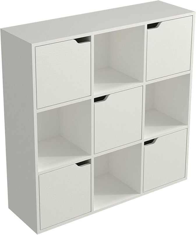 9-Cube Storage Shelf Bookcase - Wooden 3-Tier Floor Standing Open Bookshelf with Doors for Home and Office, Display Cabinet, Warm White - LeafyLoom