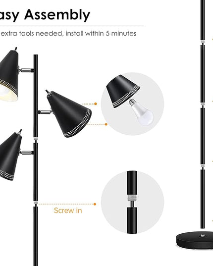 BoostArea Tree Floor Lamp with 3 Adjustable Rotating,Sturdy Industrial Floor Lamp,E26 Socket,Stand Up Tall Pole Lamps for Living Room, Bedroom, Home, Office(No Bulbs) - LeafyLoom