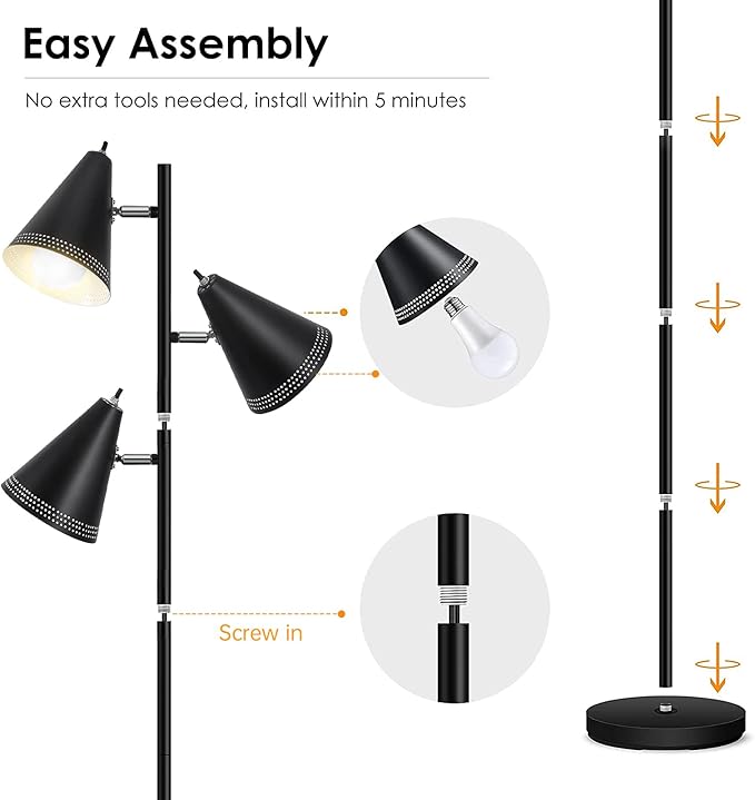 BoostArea Tree Floor Lamp with 3 Adjustable Rotating,Sturdy Industrial Floor Lamp,E26 Socket,Stand Up Tall Pole Lamps for Living Room, Bedroom, Home, Office(No Bulbs) - LeafyLoom
