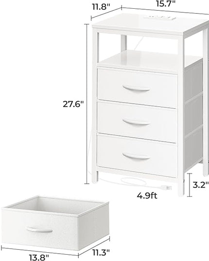 Nightstand with Charging Station, 27.6 Inch Side Table with Drawers, PU Leather Finish, End Table Bedside Table with USB Ports and Outlets, Night Stand for Bedroom, White - LeafyLoom