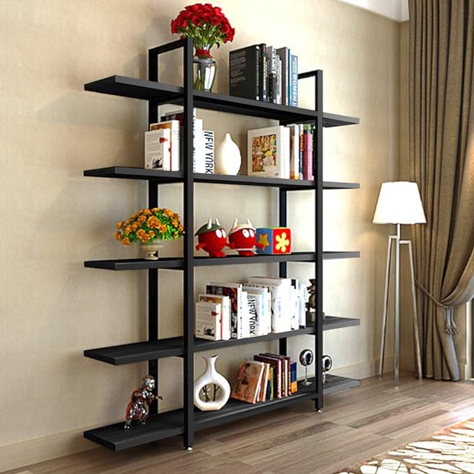 Tribesigns 5-Tier Bookshelf, Vintage Industrial Style Bookcase 72 H x 12 W x 47L Inches, Black - LeafyLoom