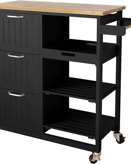 Usinso Kitchen Island Cart with 3 Tier Holder Kitchen Serving Carts Rolling Bar Cart Natural Solid Wood Top with 3 Tier Storage Drawer, Handle Racks, Caster Liquor Cart Suitable for Placing (Black) - LeafyLoom