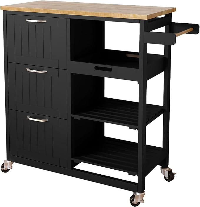 Usinso Kitchen Island Cart with 3 Tier Holder Kitchen Serving Carts Rolling Bar Cart Natural Solid Wood Top with 3 Tier Storage Drawer, Handle Racks, Caster Liquor Cart Suitable for Placing (Black) - LeafyLoom