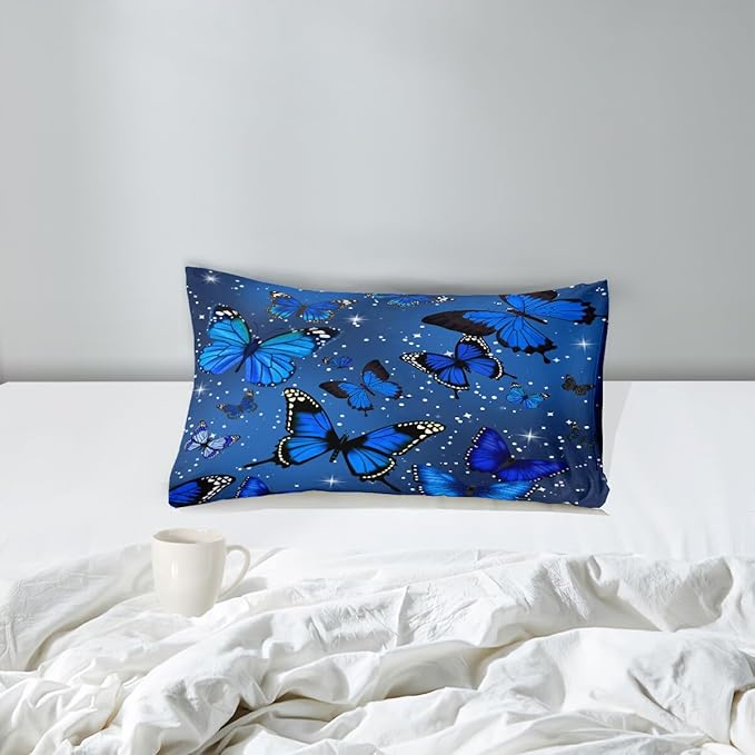 Blue Butterfly Comforter, Butterfly Bedding Set for Girls, Blue Butterflies with Sky Stars Prints Comforter Set for Women Girls Butterfly Bedding Twin Size Quilt Set, 1 Comforter + 1 Pillowcase - LeafyLoom